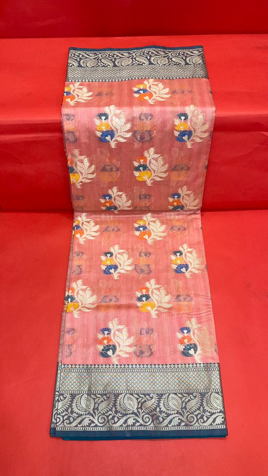 Faishana Presents Handwoven Pink Mulberry Silk Tilfi Boota Zari Border With Green Blouse Banarasi Saree