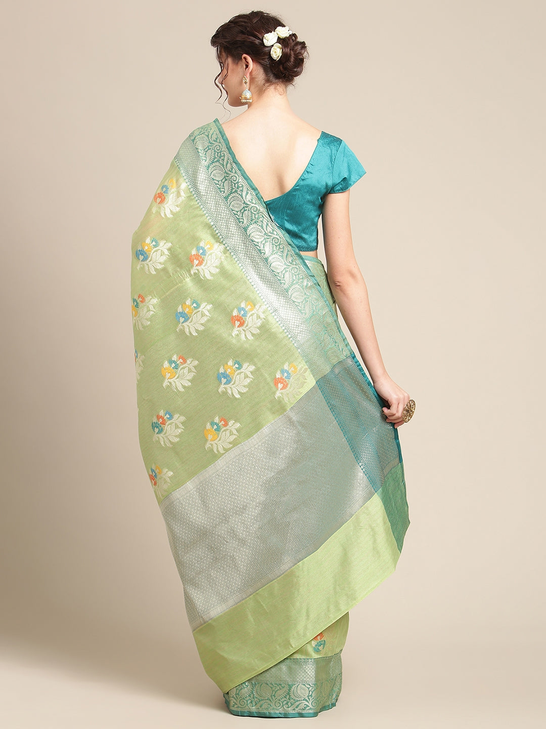 Faishana Presents Handwoven Pistachio Green Mulberry Silk Tilfi Boota Zari Border With Green Blouse Banarasi Saree