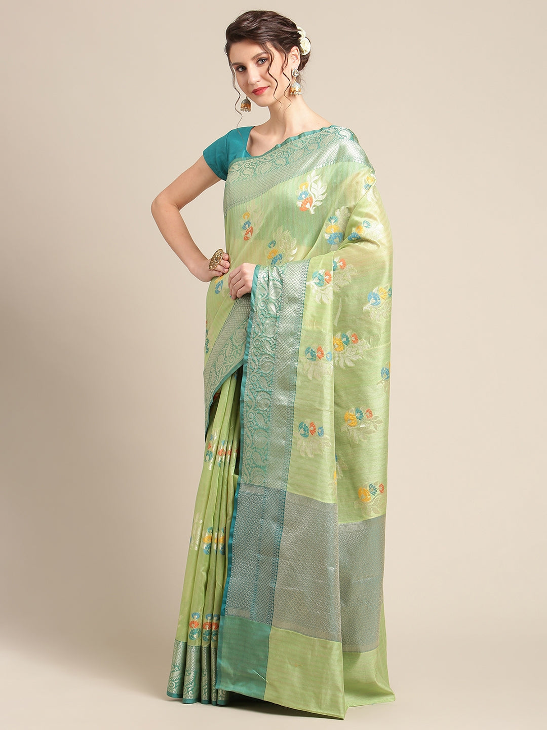 Faishana Presents Handwoven Pistachio Green Mulberry Silk Tilfi Boota Zari Border With Green Blouse Banarasi Saree