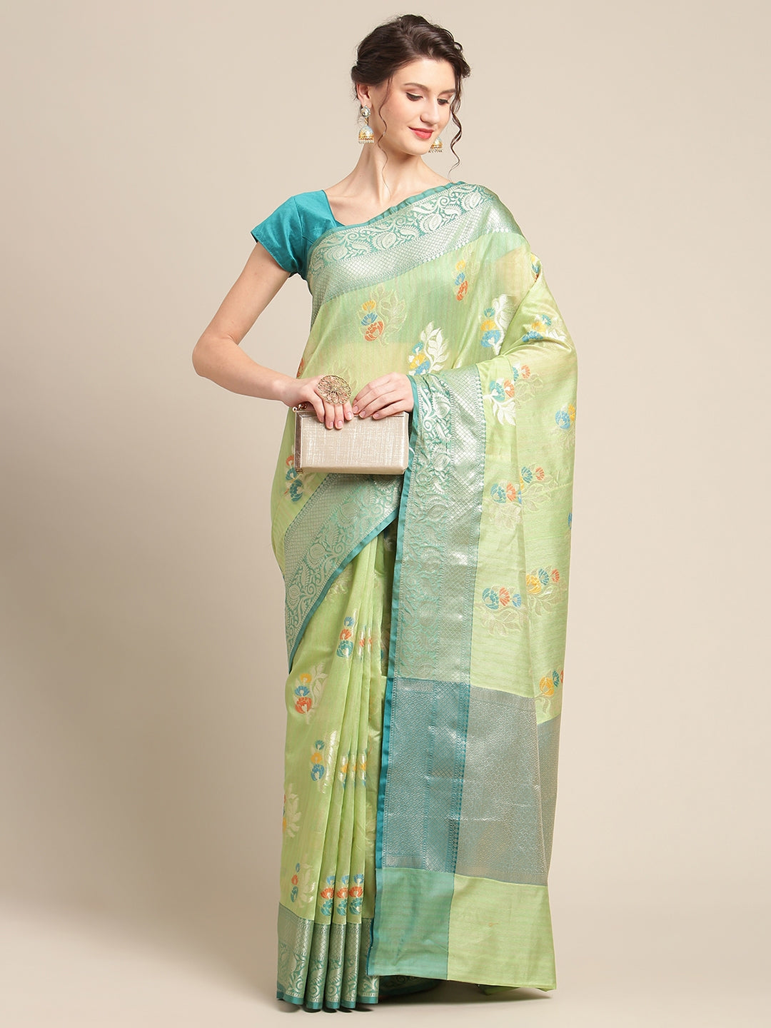 Faishana Presents Handwoven Pistachio Green Mulberry Silk Tilfi Boota Zari Border With Green Blouse Banarasi Saree