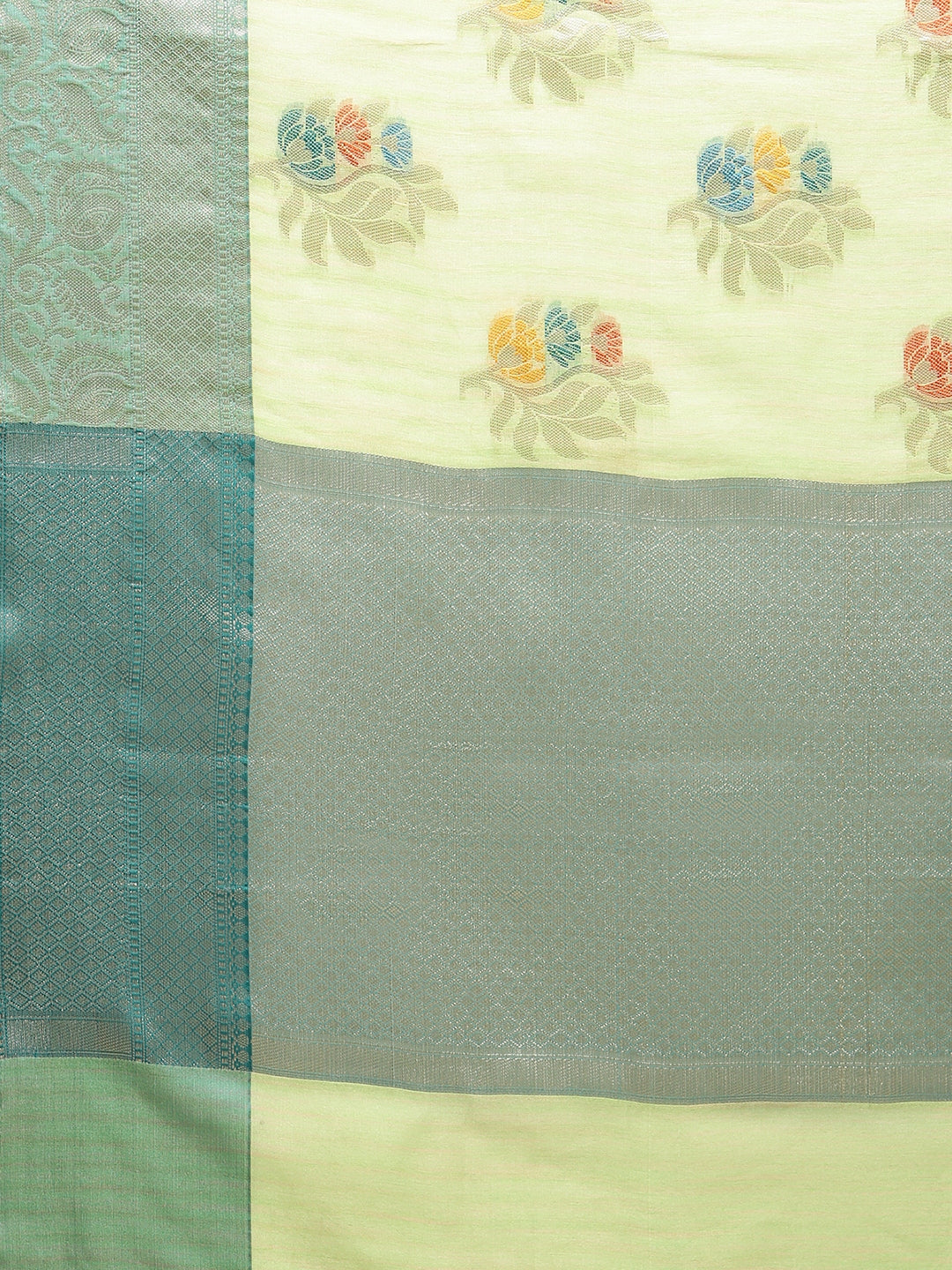Faishana Presents Handwoven Pistachio Green Mulberry Silk Tilfi Boota Zari Border With Green Blouse Banarasi Saree