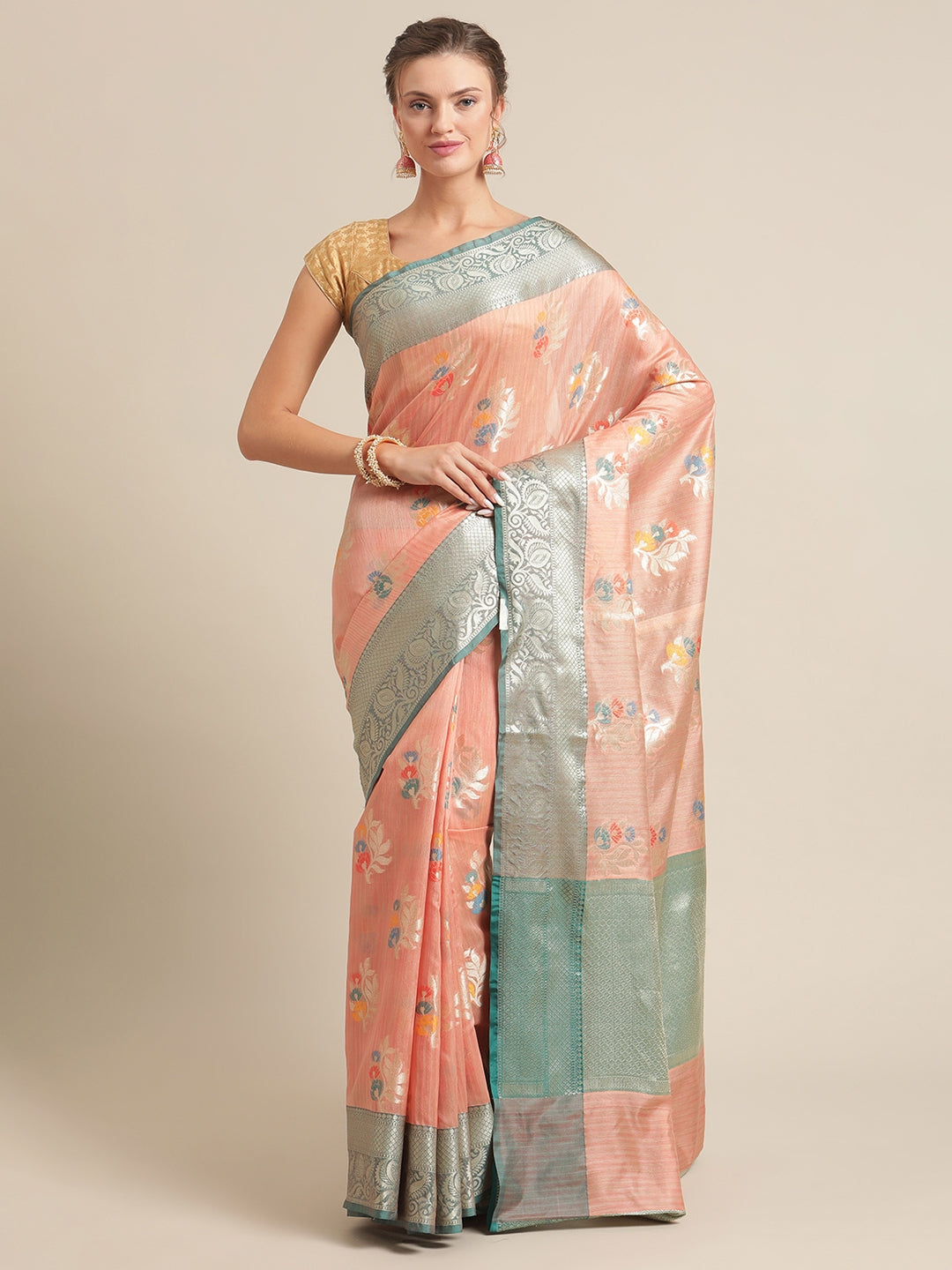 Faishana Presents Handwoven Peach Mulberry Silk Tilfi Boota Zari Border With Green Blouse Banarasi Saree