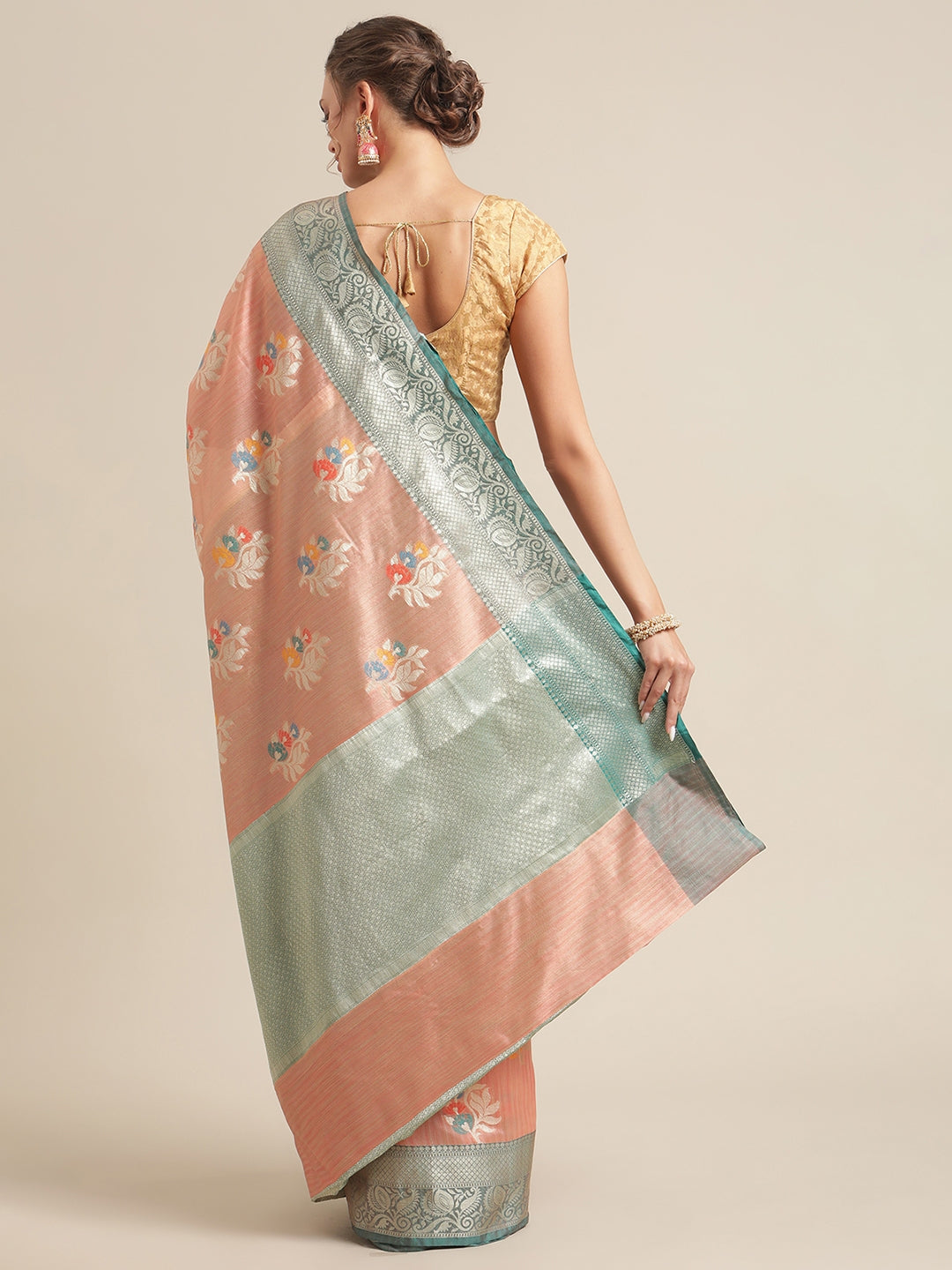 Faishana Presents Handwoven Peach Mulberry Silk Tilfi Boota Zari Border With Green Blouse Banarasi Saree