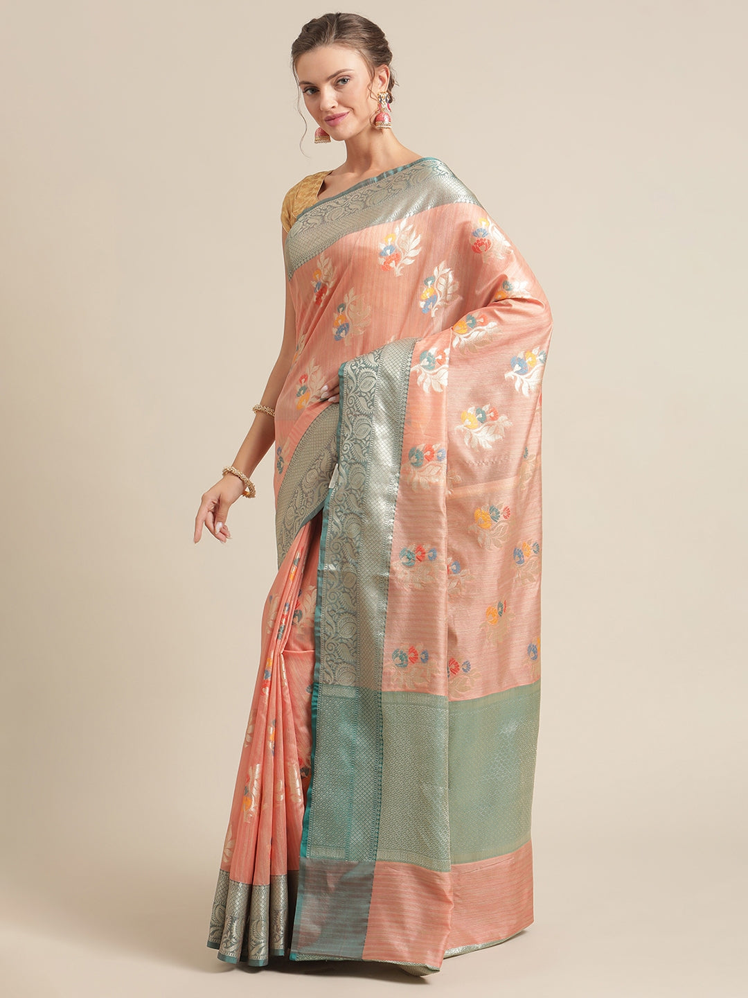 Faishana Presents Handwoven Peach Mulberry Silk Tilfi Boota Zari Border With Green Blouse Banarasi Saree