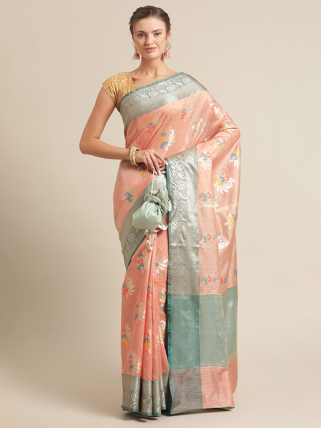 Faishana Presents Handwoven Peach Mulberry Silk Tilfi Boota Zari Border With Green Blouse Banarasi Saree