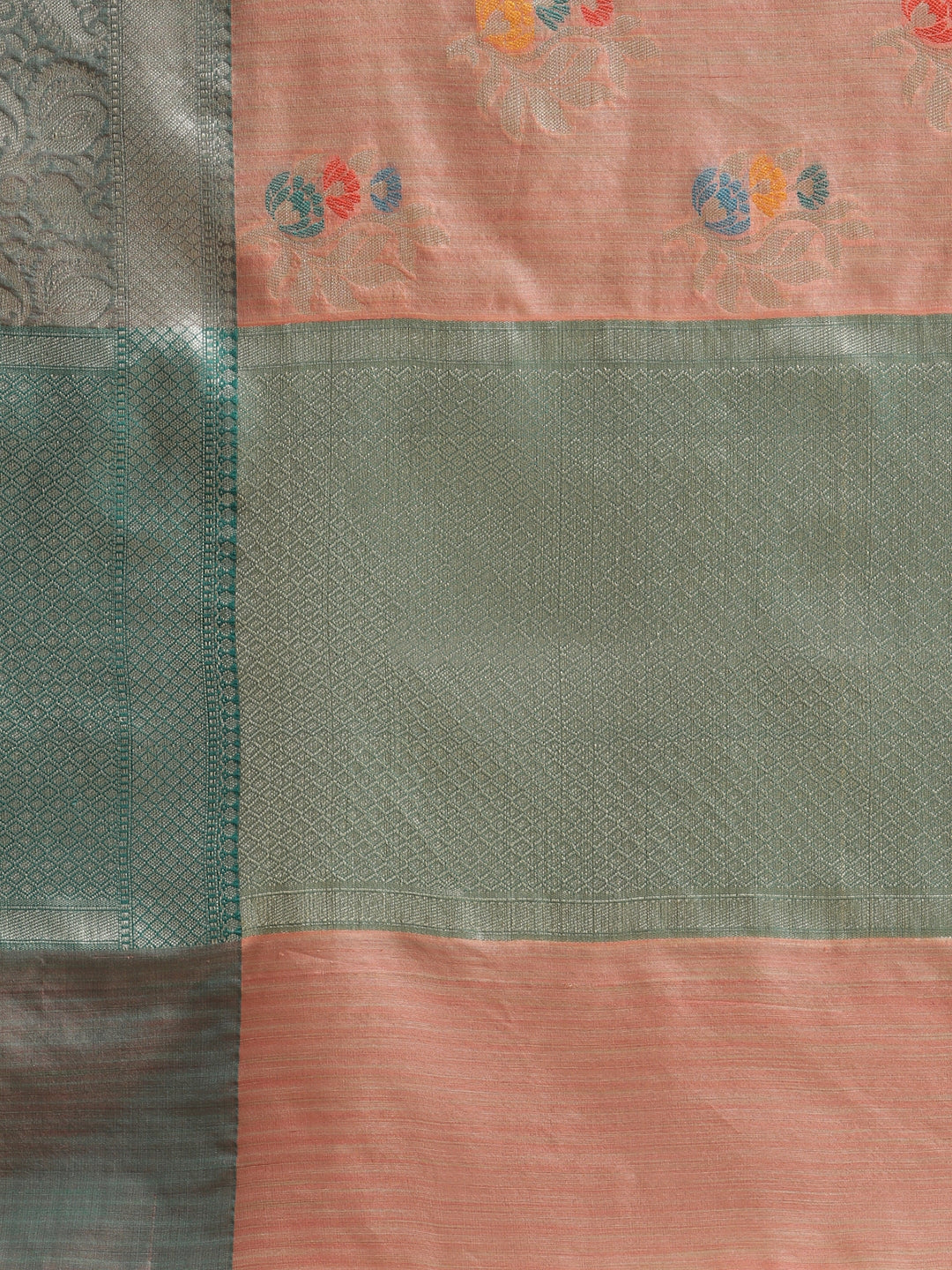 Faishana Presents Handwoven Peach Mulberry Silk Tilfi Boota Zari Border With Green Blouse Banarasi Saree