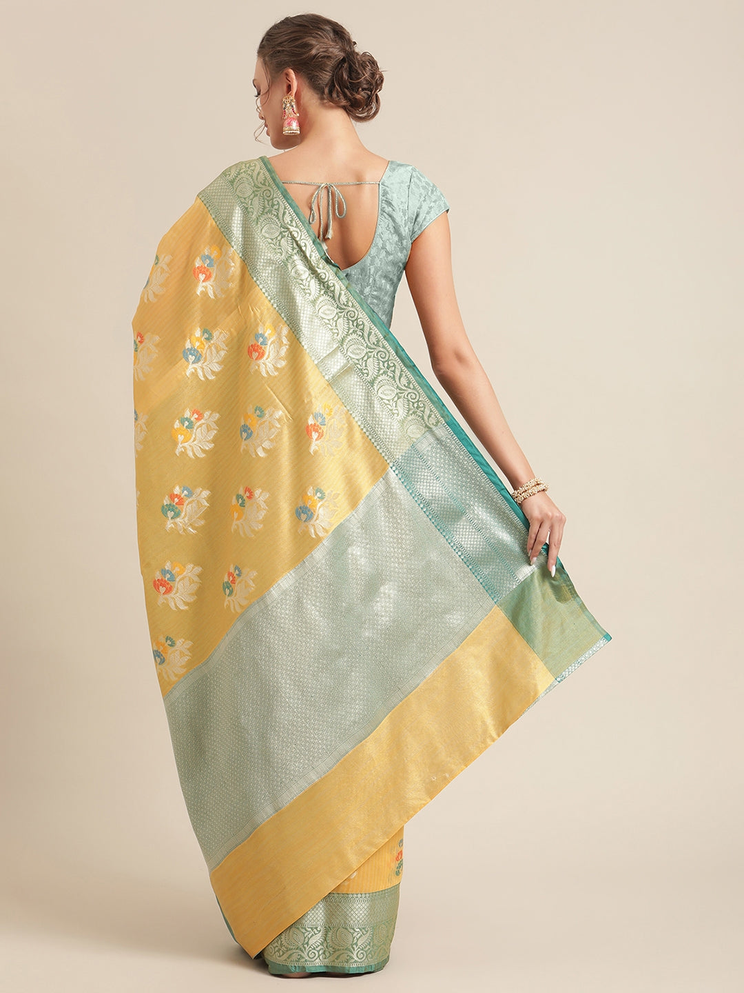 Faishana Presents Handwoven Gold Mulberry Silk Tilfi Boota Zari Border With Green Blouse Banarasi Saree