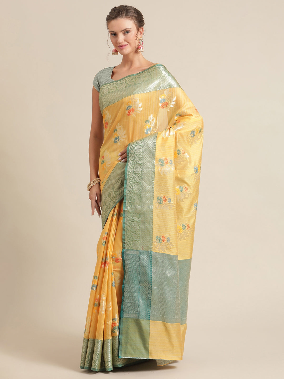 Faishana Presents Handwoven Gold Mulberry Silk Tilfi Boota Zari Border With Green Blouse Banarasi Saree