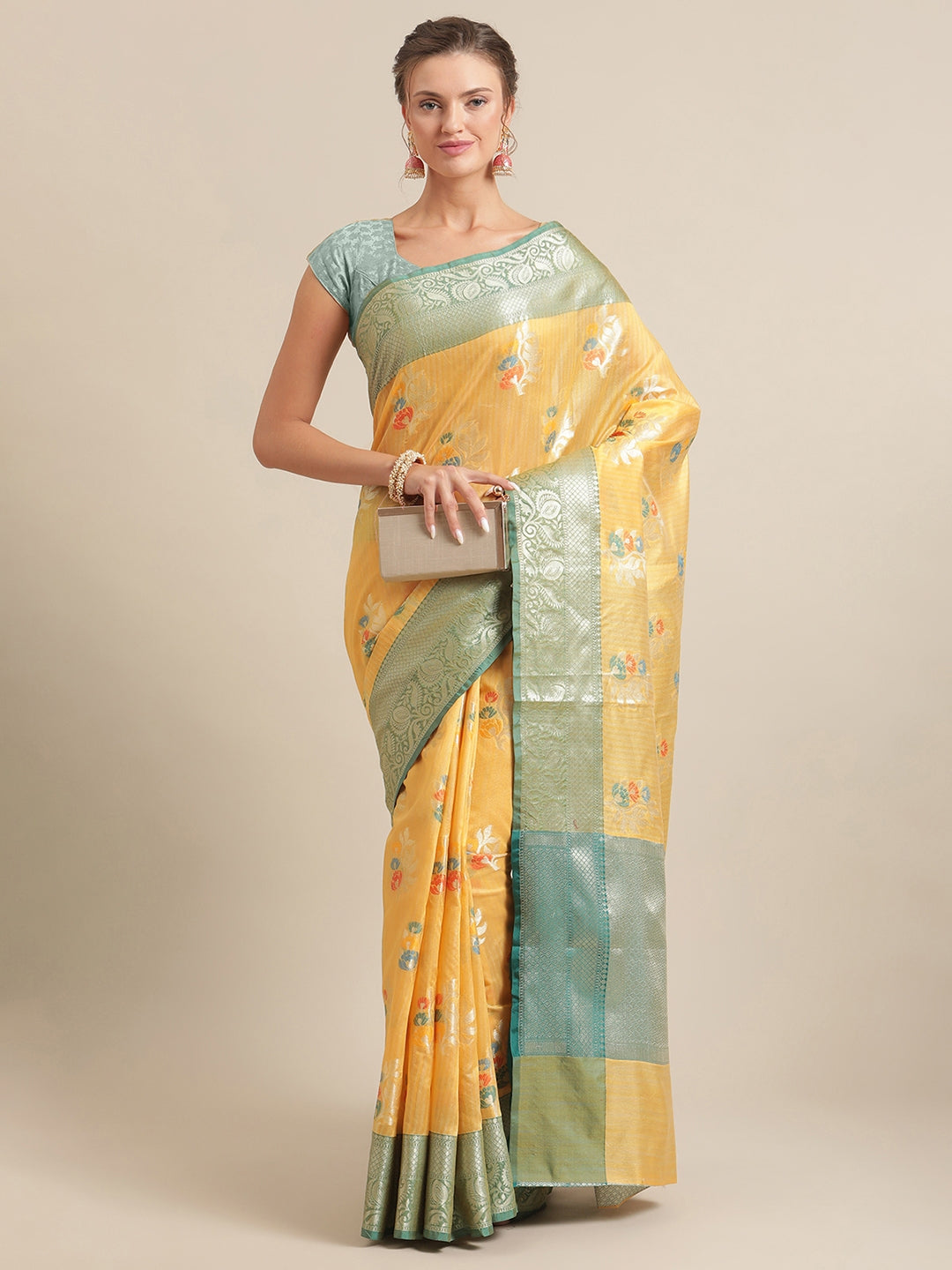 Faishana Presents Handwoven Gold Mulberry Silk Tilfi Boota Zari Border With Green Blouse Banarasi Saree