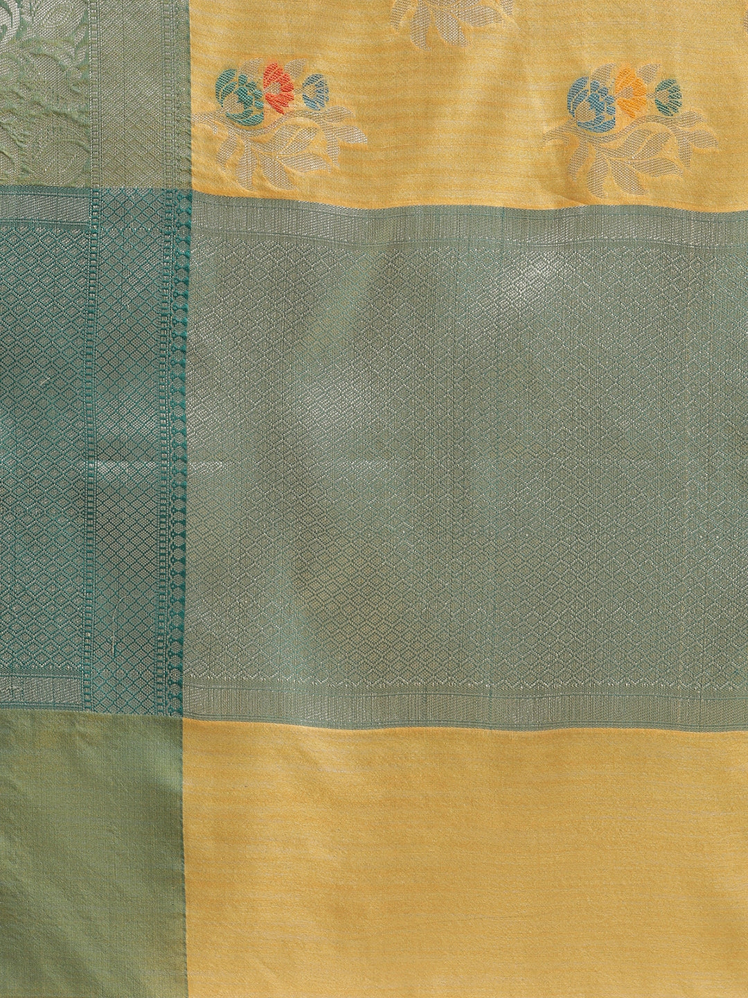 Faishana Presents Handwoven Gold Mulberry Silk Tilfi Boota Zari Border With Green Blouse Banarasi Saree