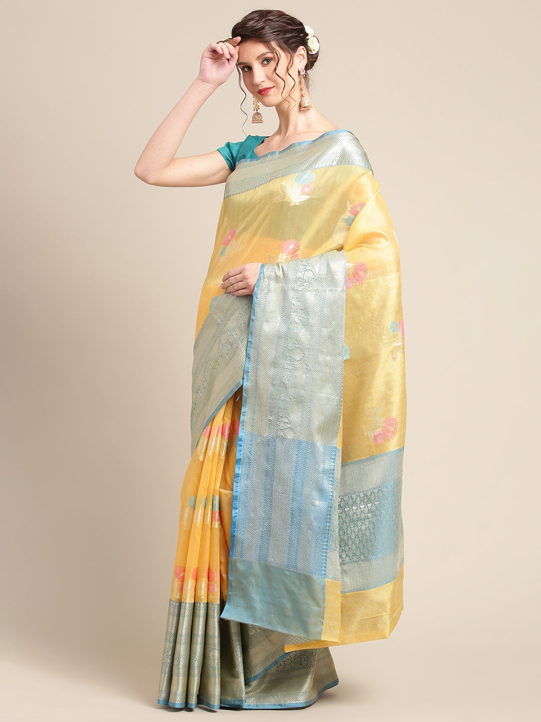 Faishana Presents Handwoven Gold Mulberry Silk Tilfi Skirt Zari With Peacock Blue Blouse Banarasi Saree