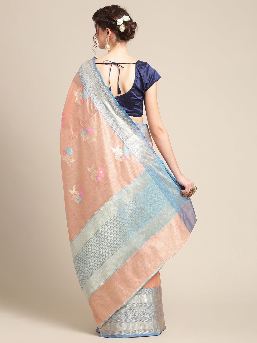 Peach Mulberry Silk Blend Banarasi Sarees For Women GEMELBRSLK_7