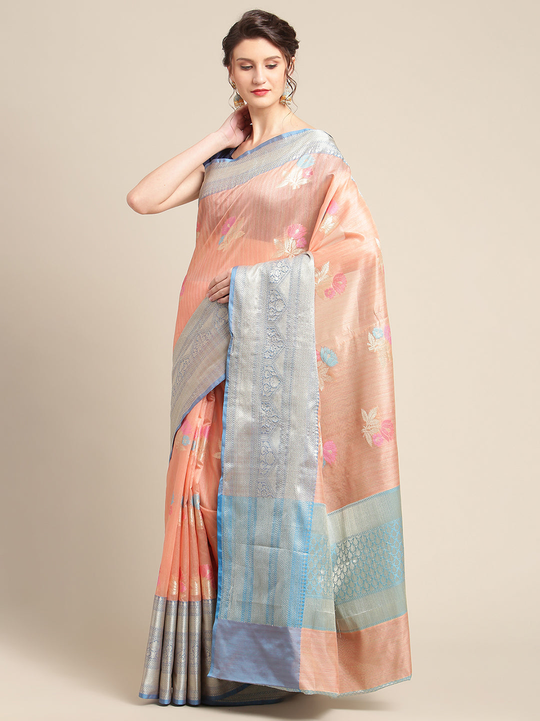 Peach Mulberry Silk Blend Banarasi Sarees For Women GEMELBRSLK_7