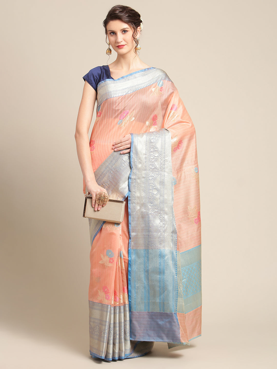 Peach Mulberry Silk Blend Banarasi Sarees For Women GEMELBRSLK_7