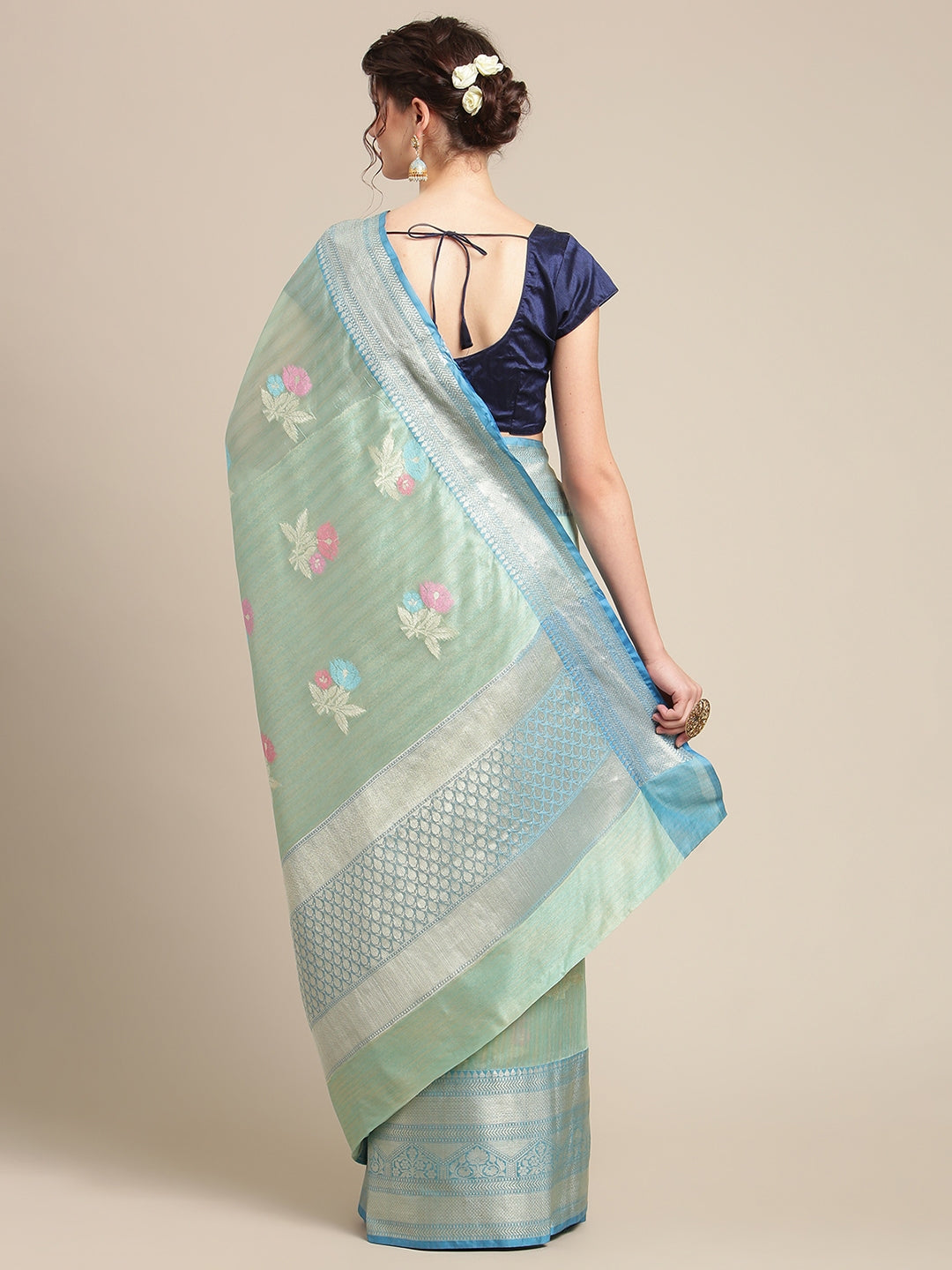 Faishana Presents Handwoven Seagreen Mulberry Silk Tilfi Skirt Zari Border With Peacock Blue Blouse Banarasi Saree