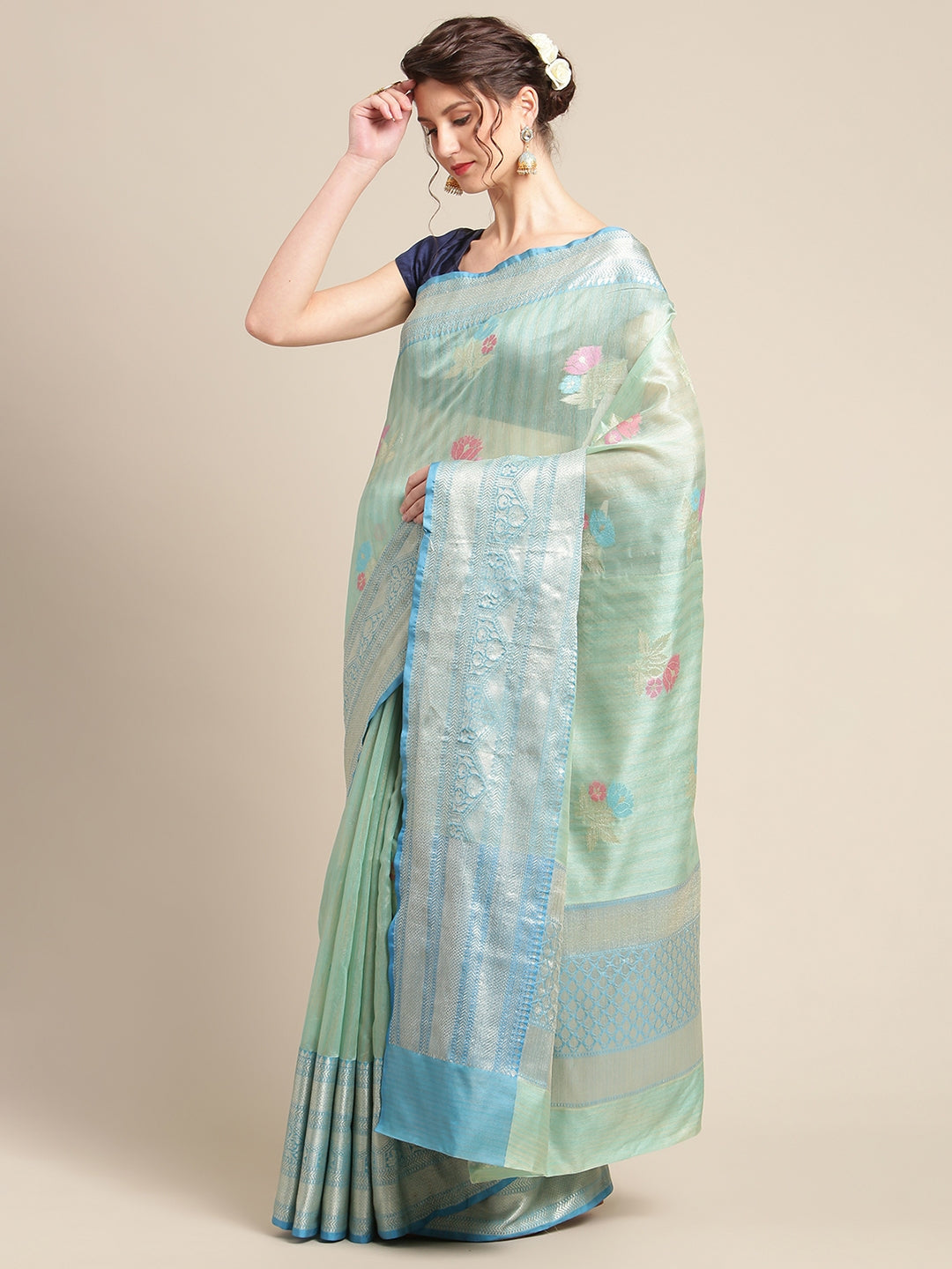 Faishana Presents Handwoven Seagreen Mulberry Silk Tilfi Skirt Zari Border With Peacock Blue Blouse Banarasi Saree