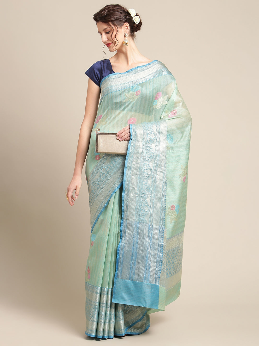 Faishana Presents Handwoven Seagreen Mulberry Silk Tilfi Skirt Zari Border With Peacock Blue Blouse Banarasi Saree