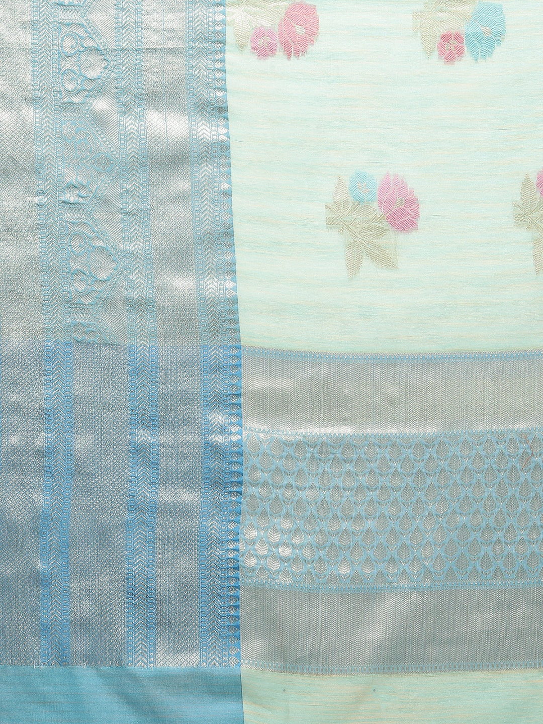 Faishana Presents Handwoven Seagreen Mulberry Silk Tilfi Skirt Zari Border With Peacock Blue Blouse Banarasi Saree