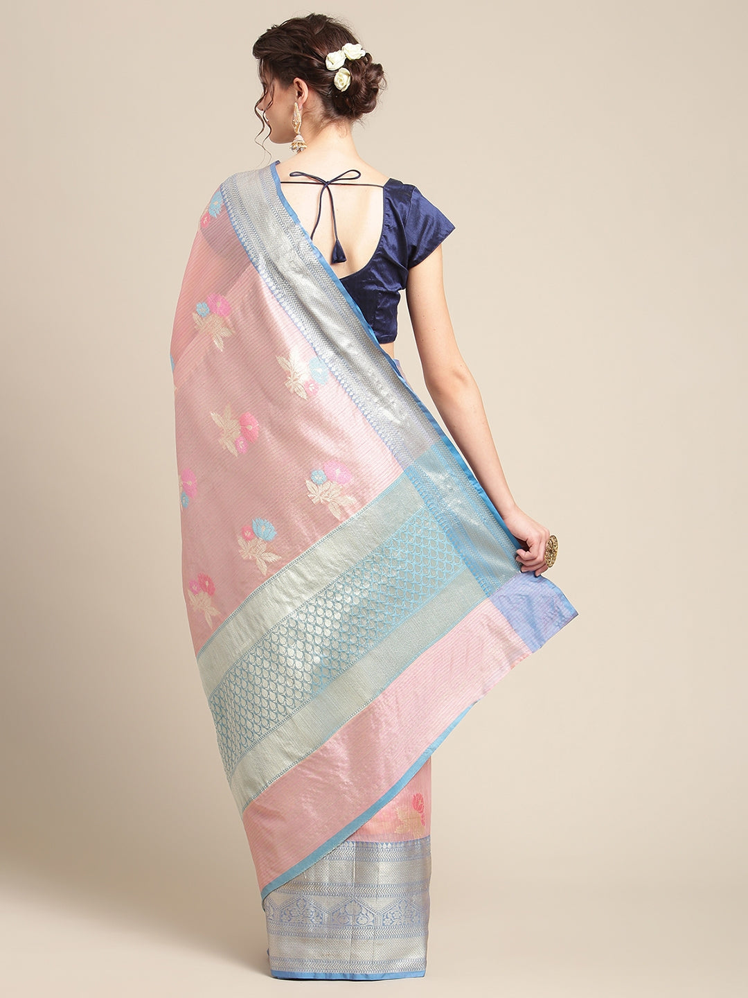 Faishana Presents Handwoven Pink Mulberry Silk Tilfi Skirt Zari Border With Peacock Blue Blouse Banarasi Saree