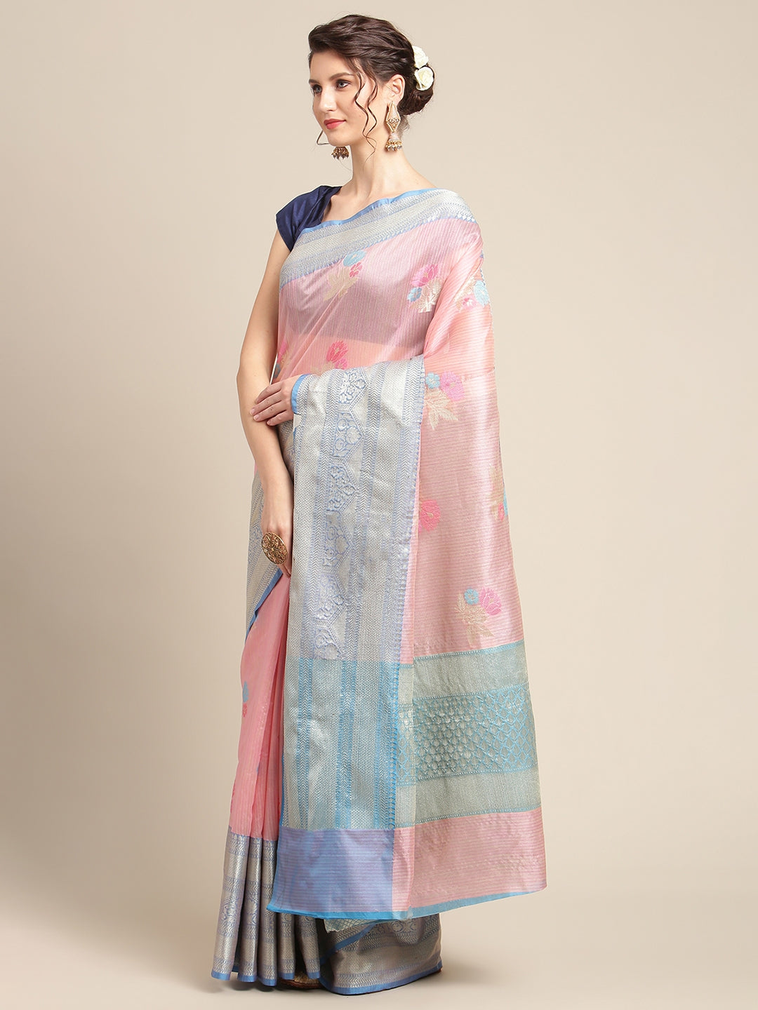 Faishana Presents Handwoven Pink Mulberry Silk Tilfi Skirt Zari Border With Peacock Blue Blouse Banarasi Saree