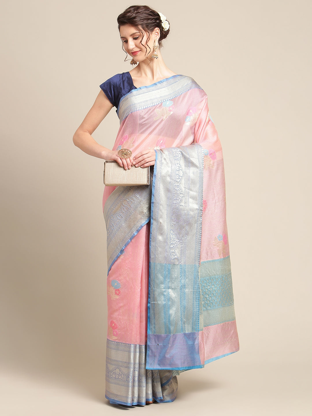 Faishana Presents Handwoven Pink Mulberry Silk Tilfi Skirt Zari Border With Peacock Blue Blouse Banarasi Saree