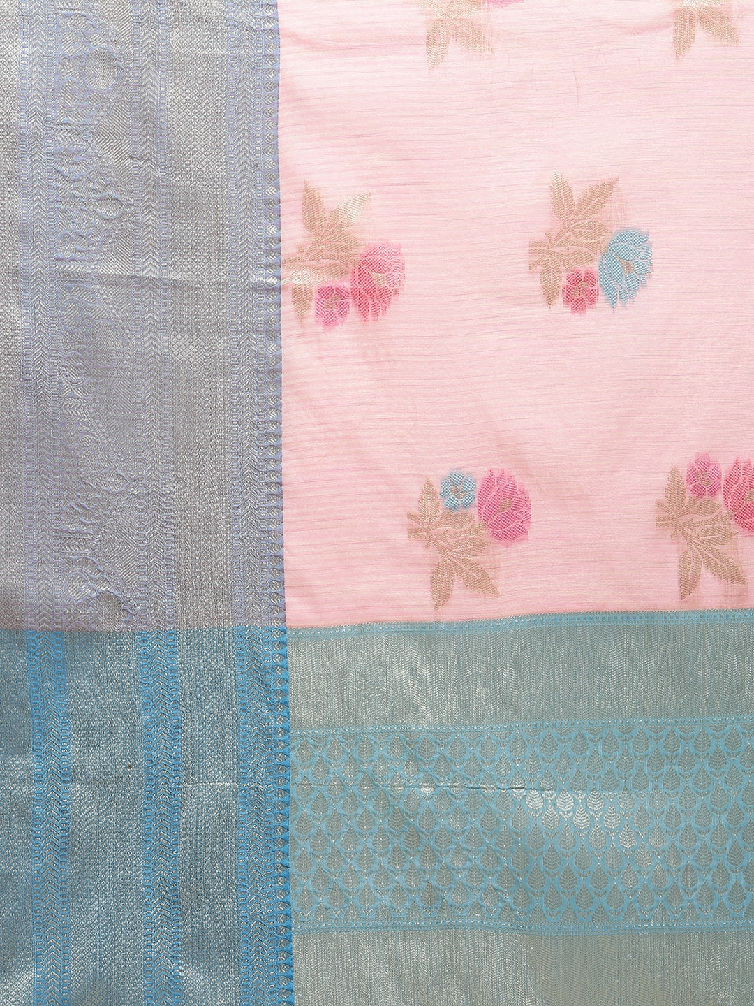 Faishana Presents Handwoven Pink Mulberry Silk Tilfi Skirt Zari Border With Peacock Blue Blouse Banarasi Saree