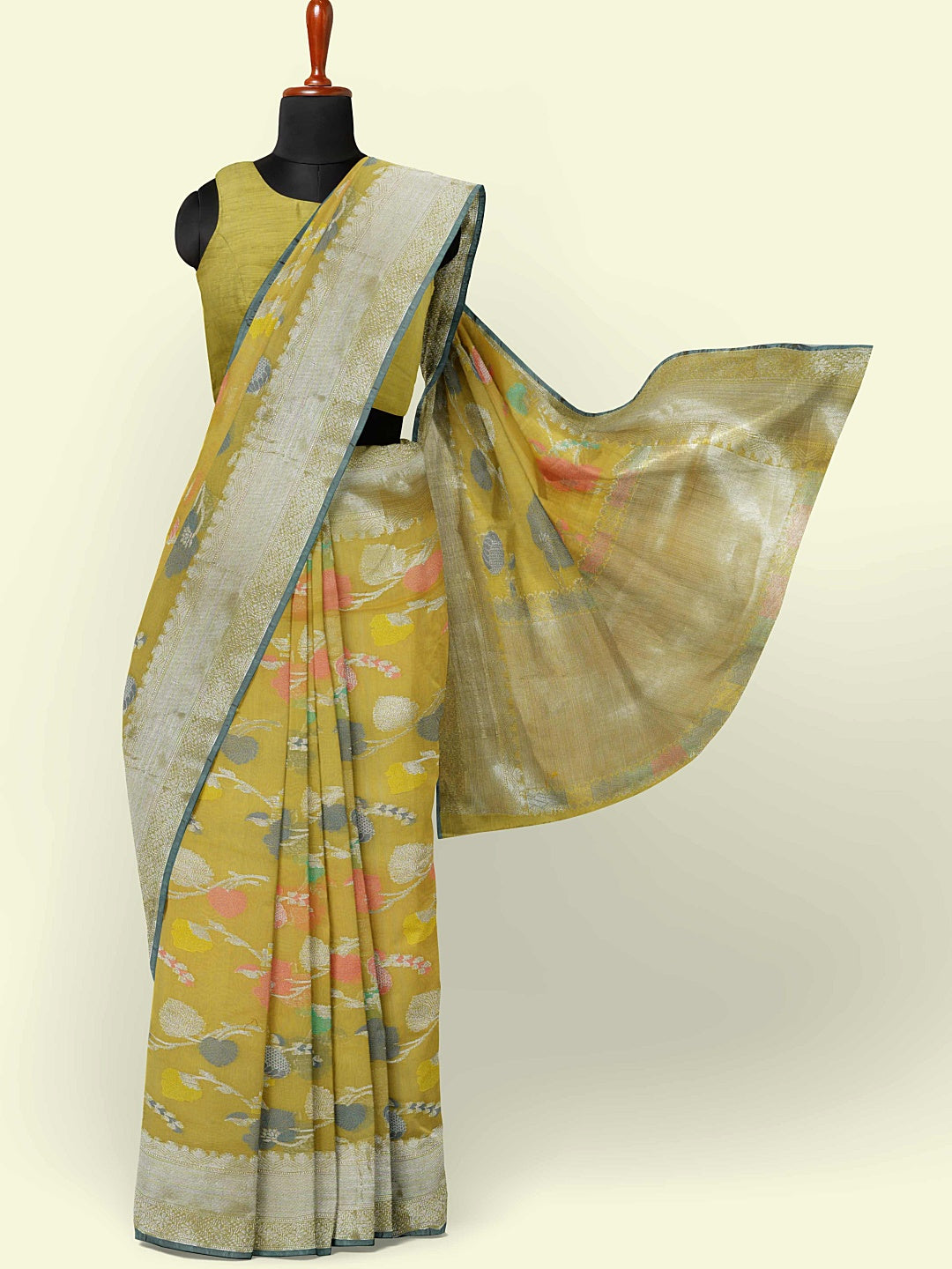 Faishana Presents Yellow Masrise Cotton Tilfi Jaal Zari Border With Yellow Blouse Banarasi Saree