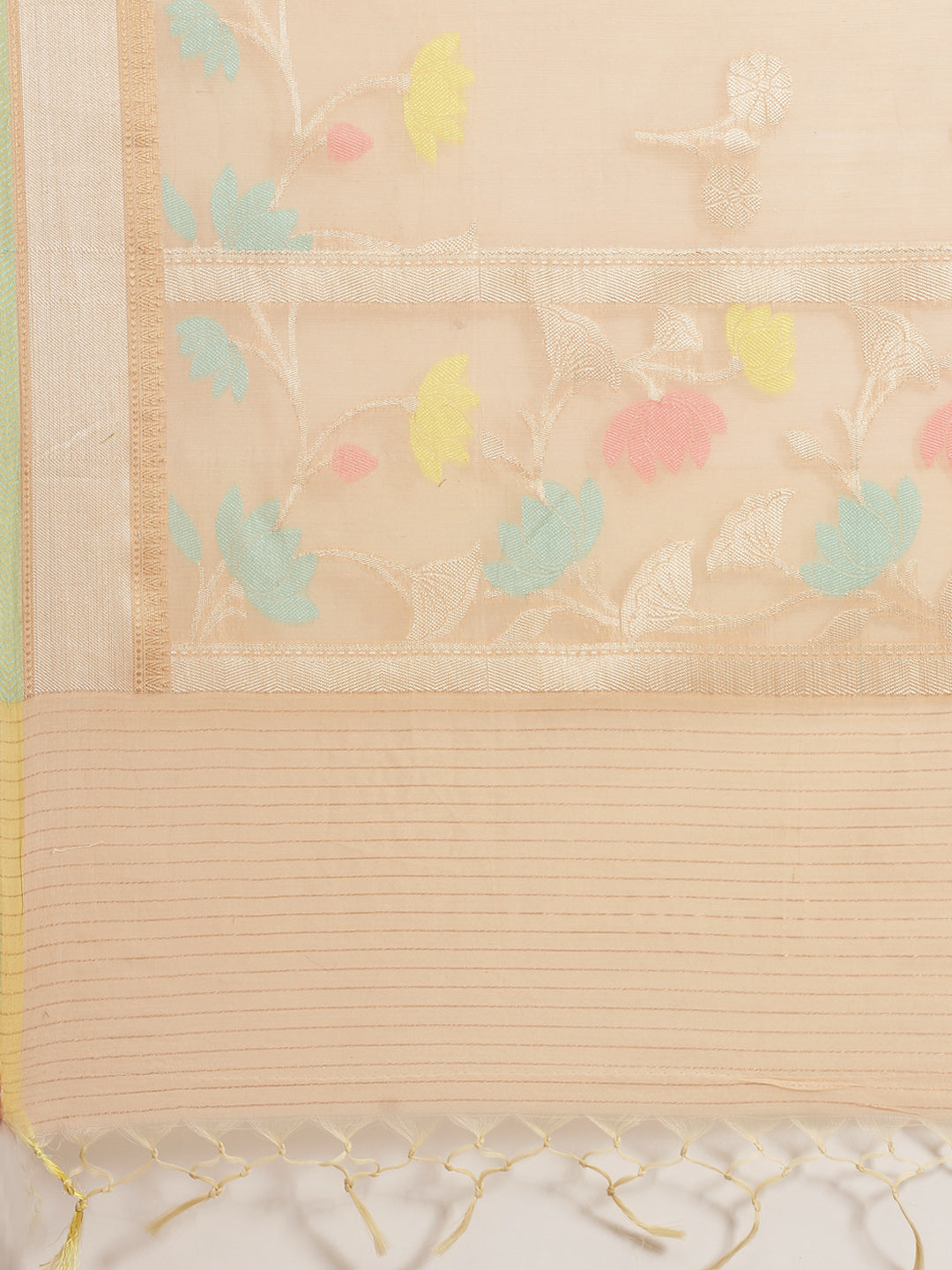 Faishana Presents Handwoven Beige Masrise Cotton Boota Alfi Skirt Border With Beige Blouse Banarasi Saree