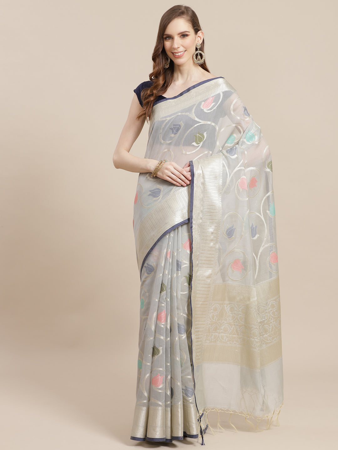 Faishana Presents Handwoven Grey Masrise Cotton Tilfi Jaal Zari Border With Grey Blouse Banarasi Saree