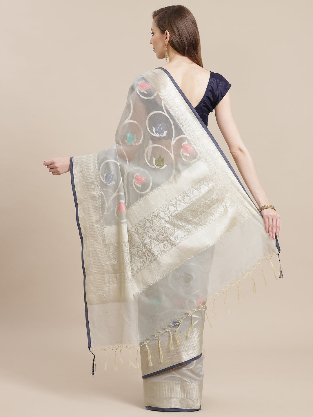 Faishana Presents Handwoven Grey Masrise Cotton Tilfi Jaal Zari Border With Grey Blouse Banarasi Saree