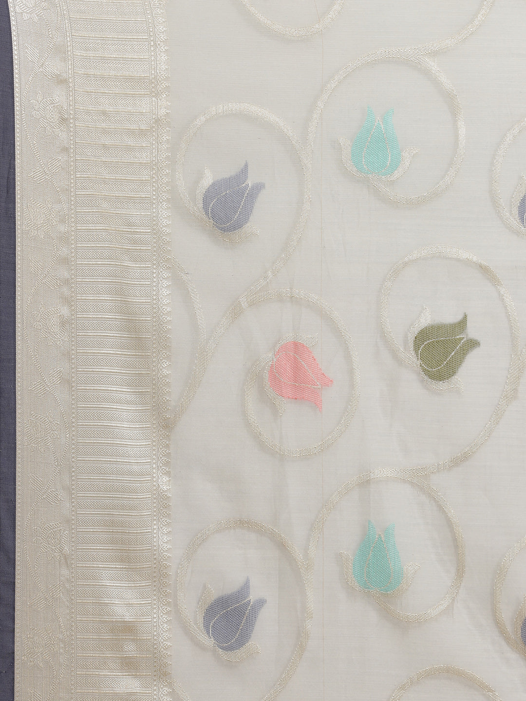 Faishana Presents Handwoven Grey Masrise Cotton Tilfi Jaal Zari Border With Grey Blouse Banarasi Saree