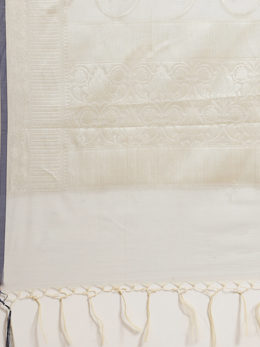Faishana Presents Handwoven Grey Masrise Cotton Tilfi Jaal Zari Border With Grey Blouse Banarasi Saree