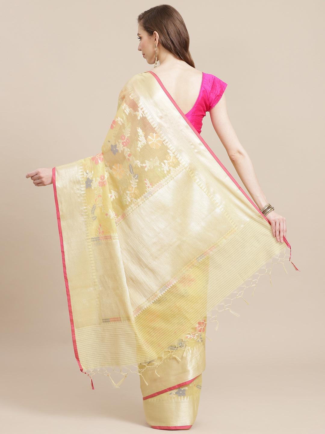 Faishana Presents Handwoven Yellow Masrise Cotton Tilfi Jaal Zari Border With Yellow Blouse Banarasi Saree