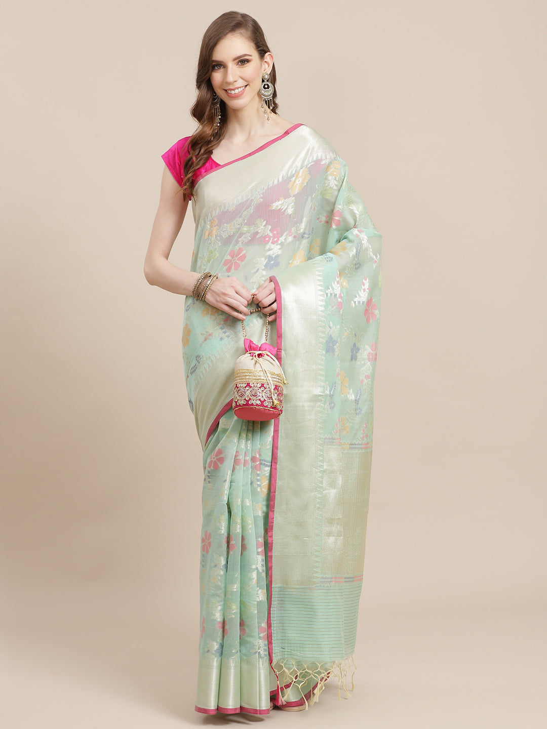Faishana Presents Handwoven Seagreen Masrise Cotton Tilfi Jaal Zari Border With Green Blouse Banarasi Saree