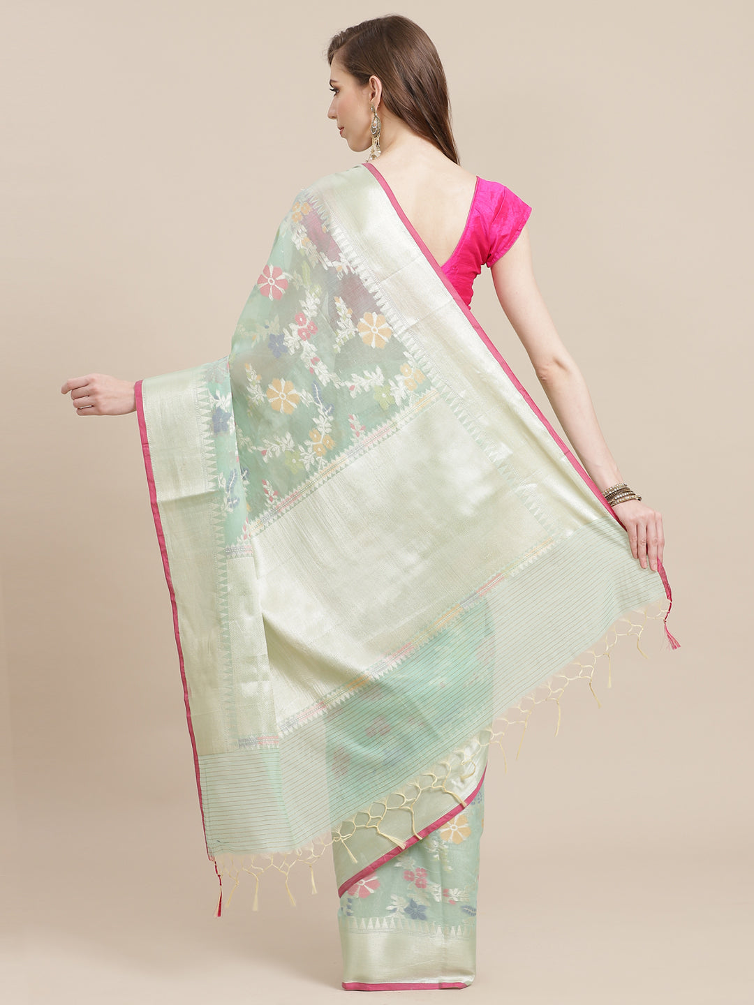 Faishana Presents Handwoven Seagreen Masrise Cotton Tilfi Jaal Zari Border With Green Blouse Banarasi Saree