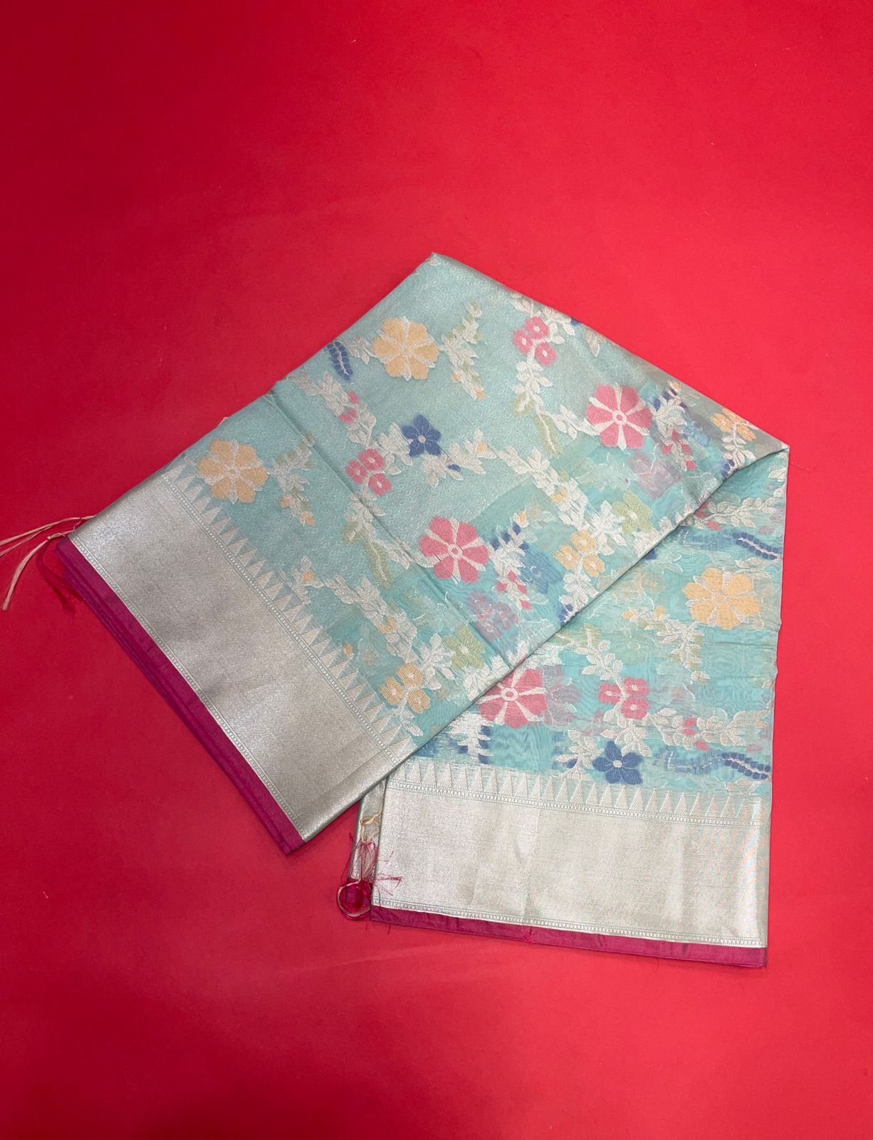 Faishana Presents Handwoven Seagreen Masrise Cotton Tilfi Jaal Zari Border With Green Blouse Banarasi Saree