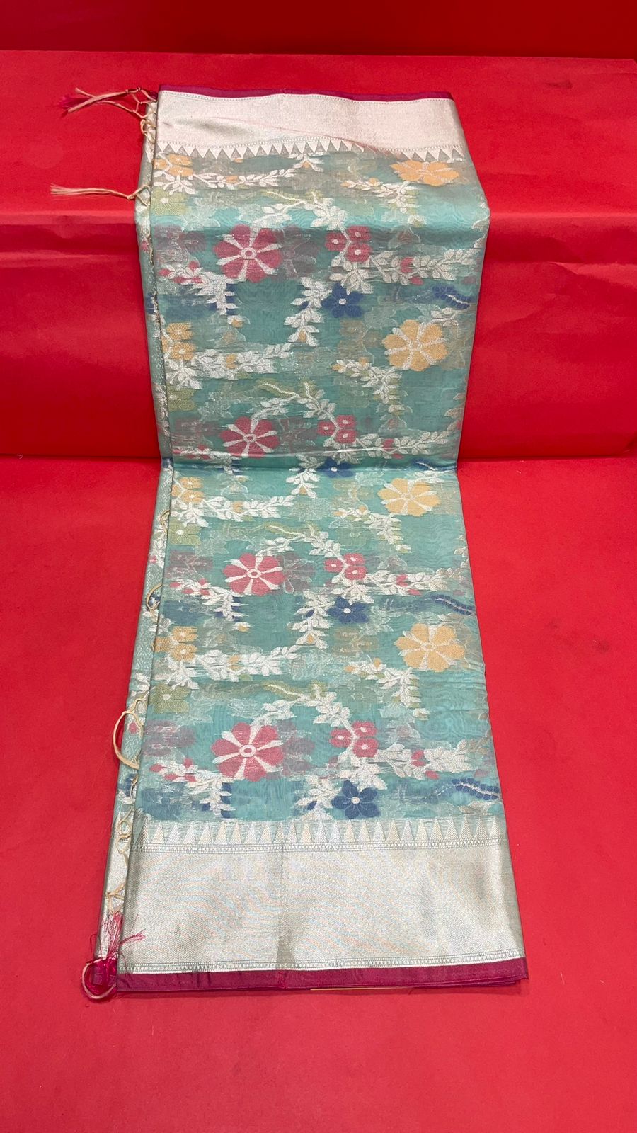 Faishana Presents Handwoven Seagreen Masrise Cotton Tilfi Jaal Zari Border With Green Blouse Banarasi Saree
