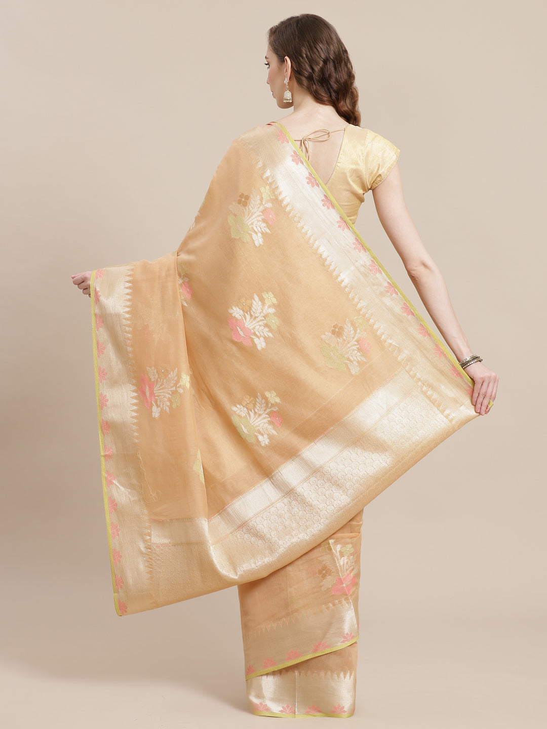 Faishana Presents Handwoven Beige Masrise Cotton Tilfi Boota Alfi Zari Border With Beige Blouse Banarasi Saree