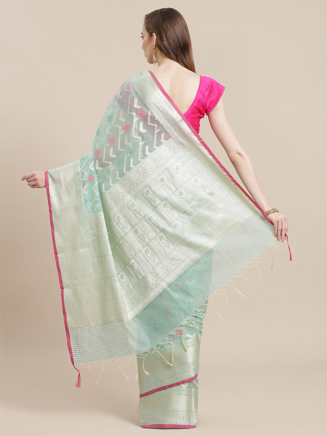 Faishana Presents Handwoven Seagreen Masrise Cotton Tilfi Jaal Zari Border With Seagreen Blouse Banarasi Saree