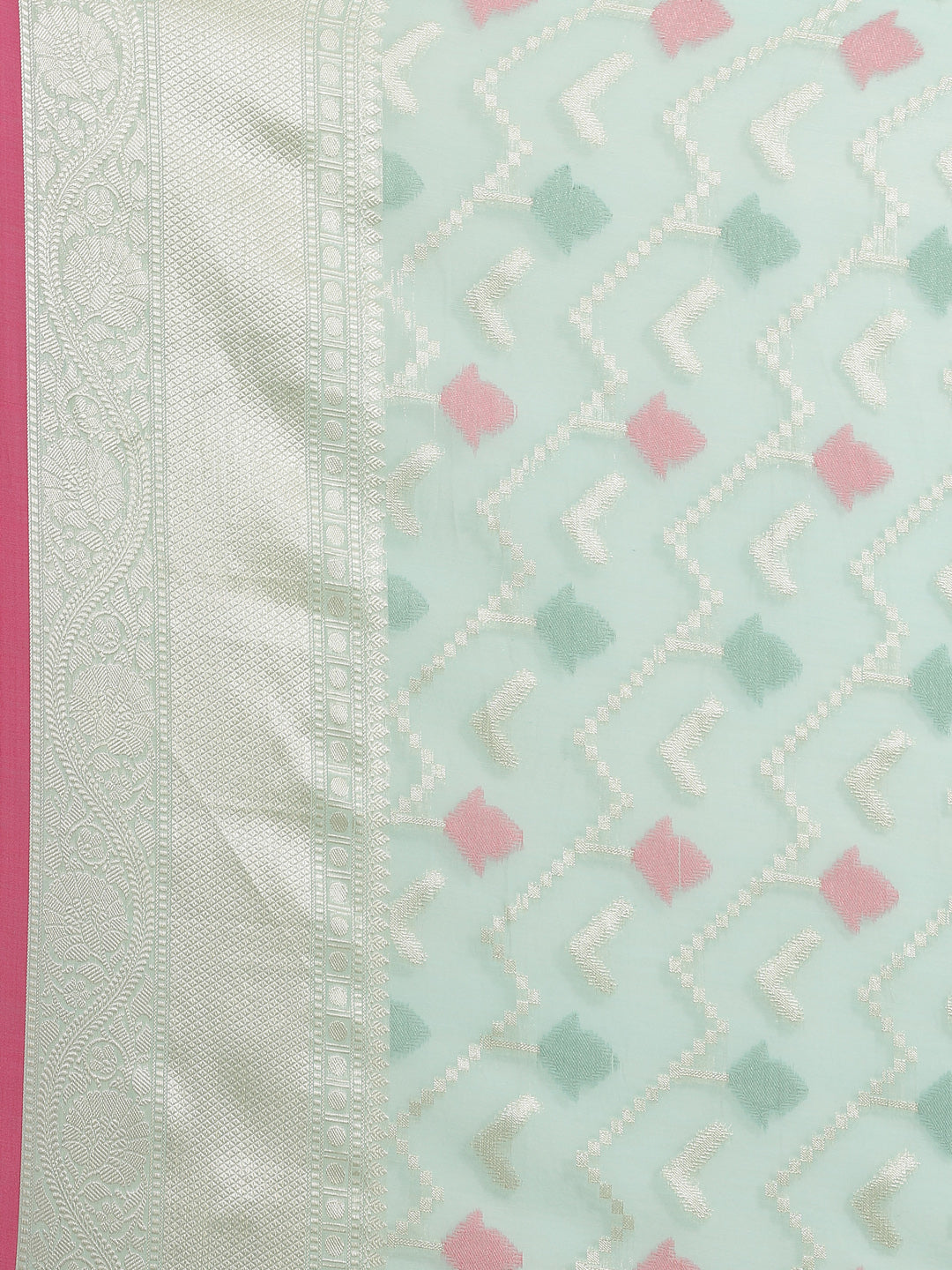 Faishana Presents Handwoven Seagreen Masrise Cotton Tilfi Jaal Zari Border With Seagreen Blouse Banarasi Saree