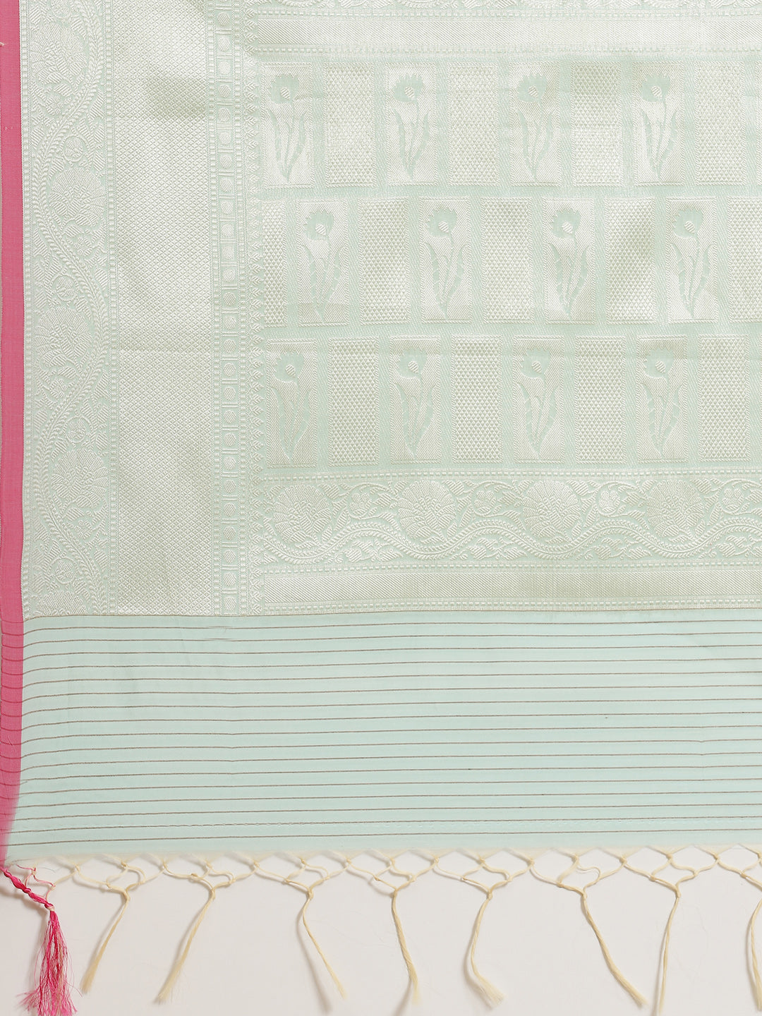 Faishana Presents Handwoven Seagreen Masrise Cotton Tilfi Jaal Zari Border With Seagreen Blouse Banarasi Saree