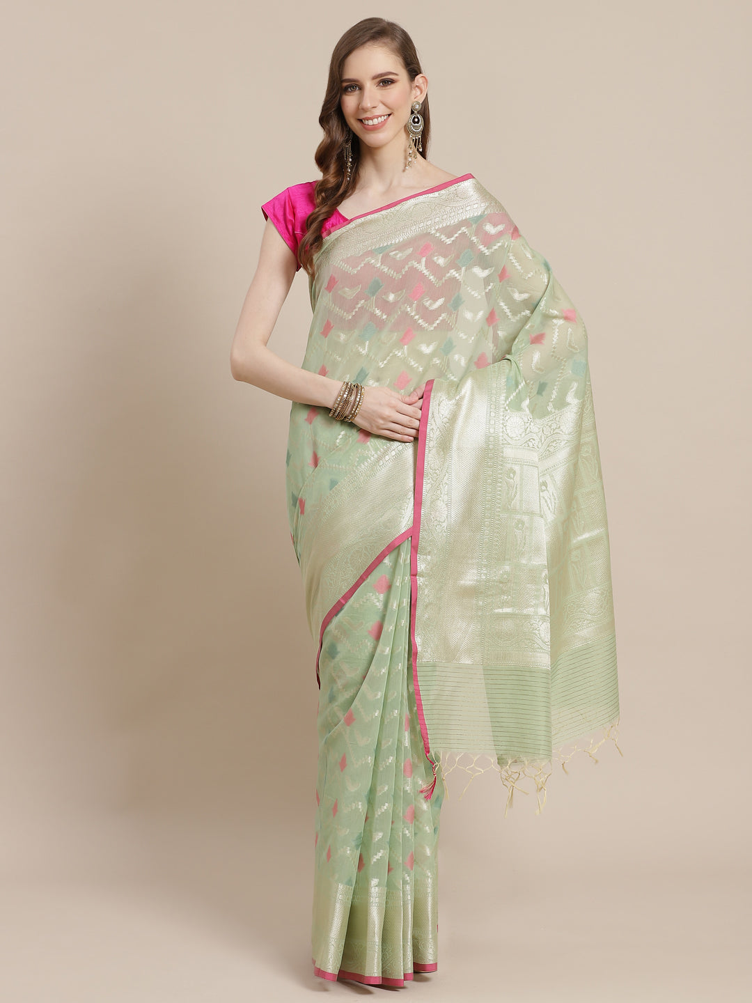 Green Mercerise Cotton Banarasi Sarees For Women GEMSWRCTN_152