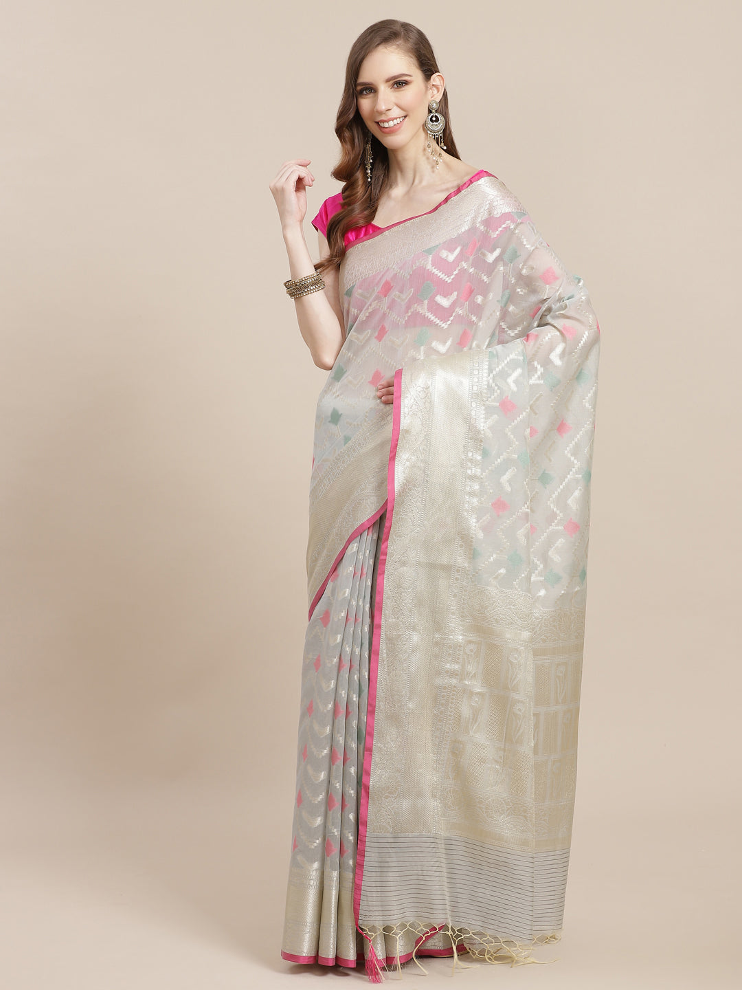 Faishana Presents Handwoven Grey Masrise Cotton Tilfi Jaal Zari Border With Grey Blouse Banarasi Saree