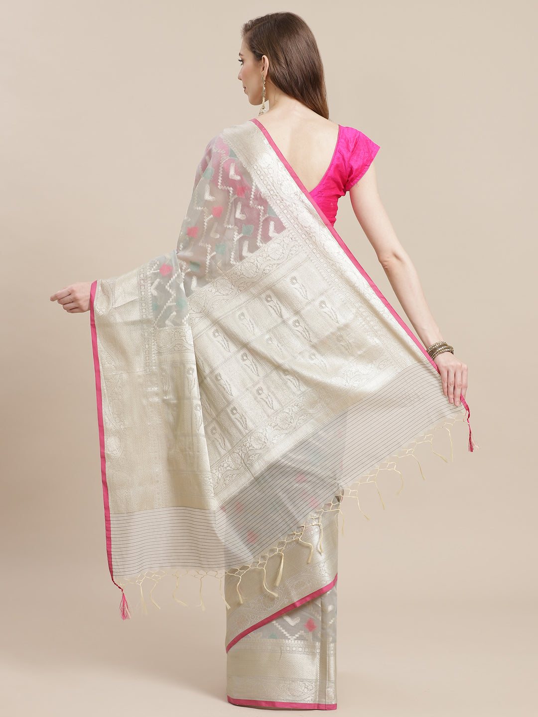 Faishana Presents Handwoven Grey Masrise Cotton Tilfi Jaal Zari Border With Grey Blouse Banarasi Saree