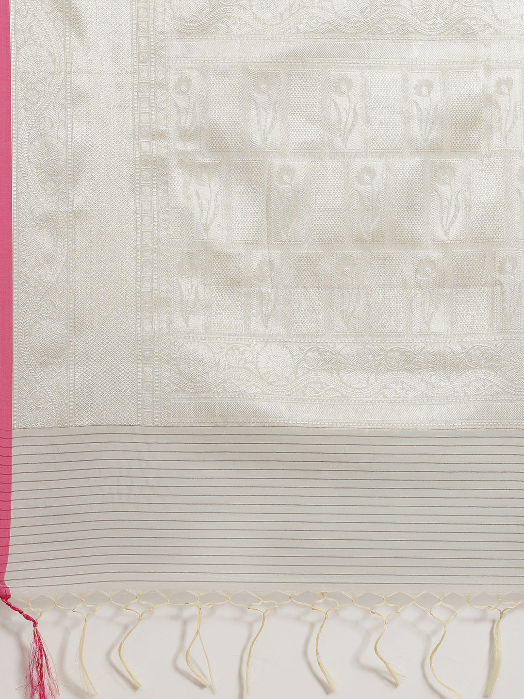 Faishana Presents Handwoven Grey Masrise Cotton Tilfi Jaal Zari Border With Grey Blouse Banarasi Saree