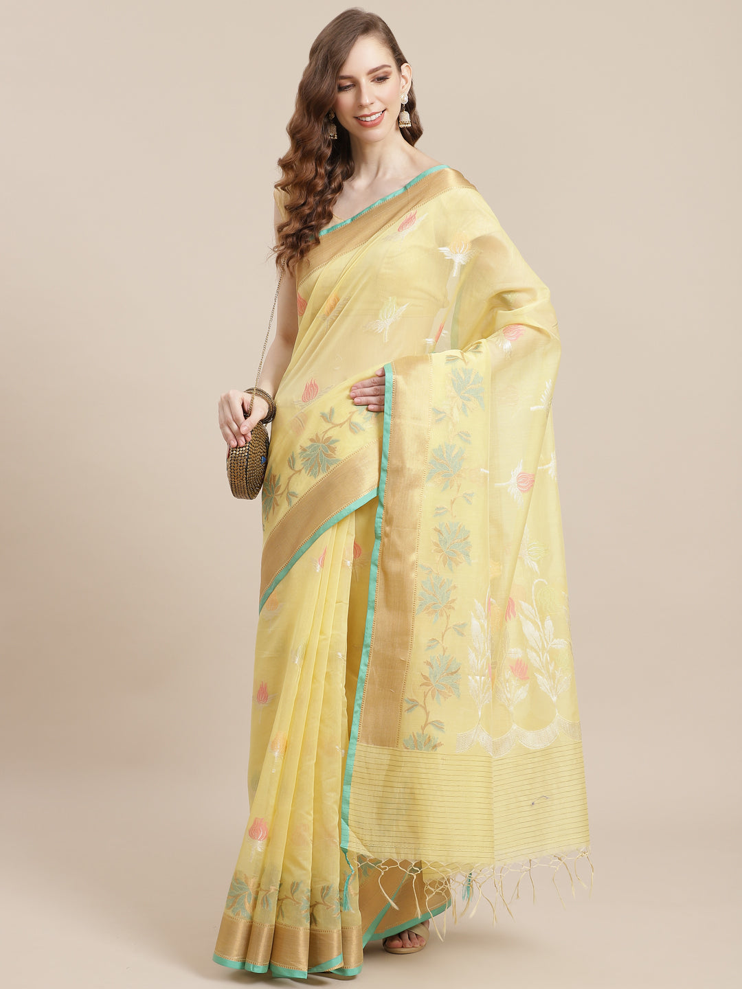 Faishana Presents Handwoven Yellow Masrise Cotton Tilfi Boota Alfi Skirt Border With Yellow Blouse Banarasi Saree