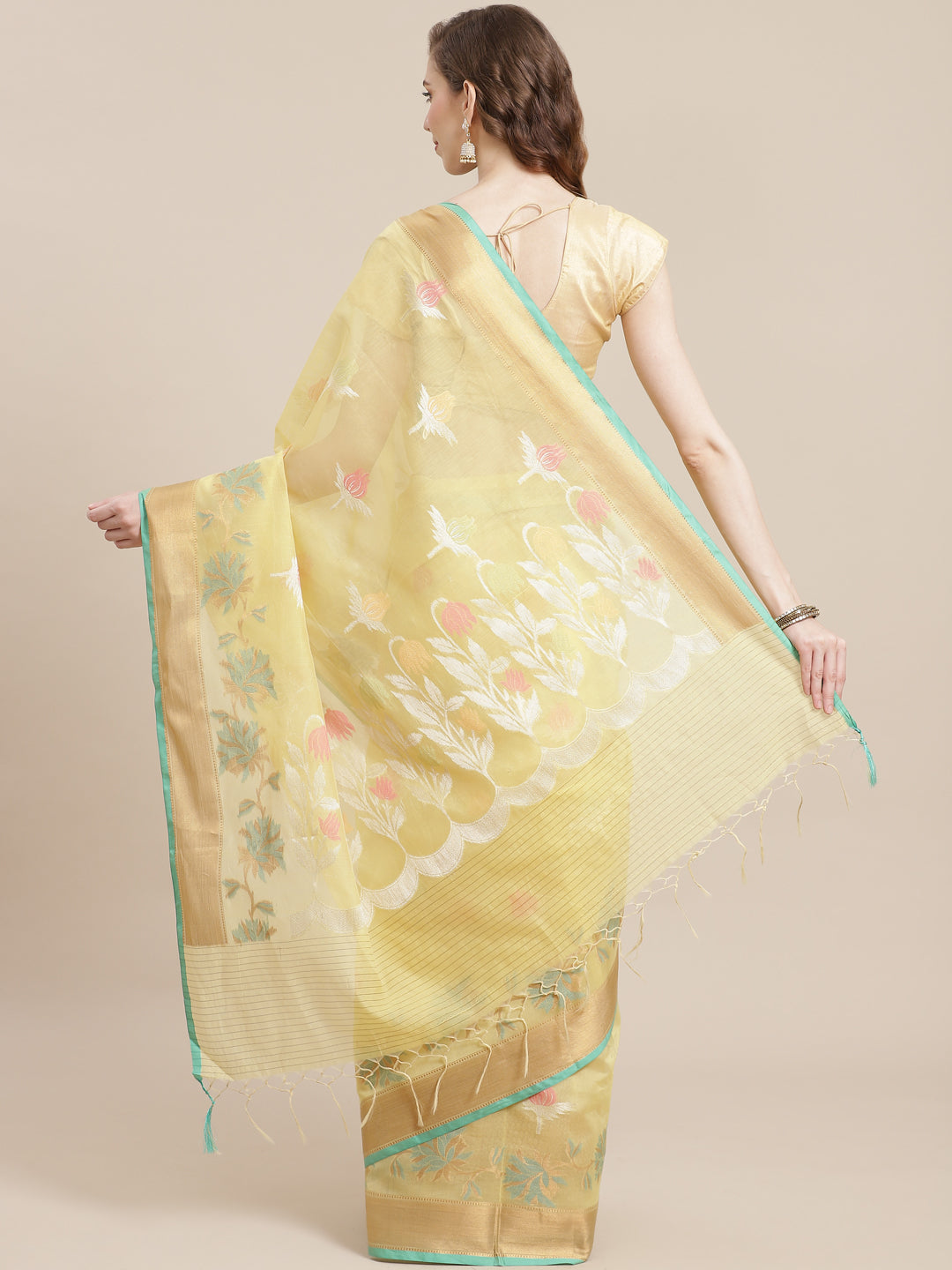 Faishana Presents Handwoven Yellow Masrise Cotton Tilfi Boota Alfi Skirt Border With Yellow Blouse Banarasi Saree