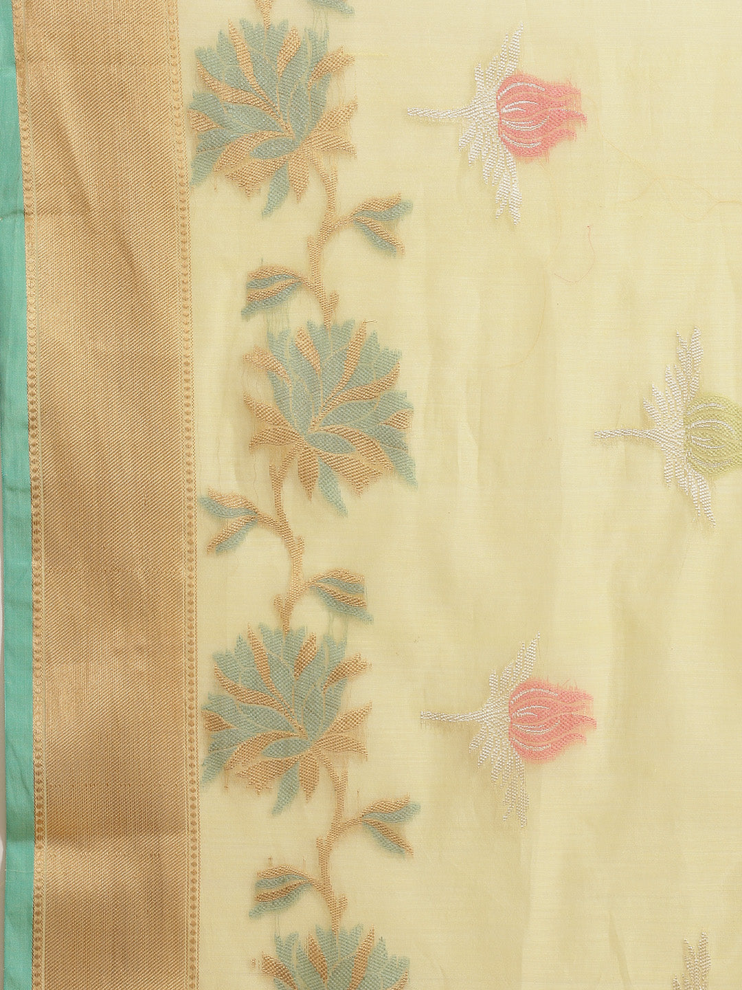 Faishana Presents Handwoven Yellow Masrise Cotton Tilfi Boota Alfi Skirt Border With Yellow Blouse Banarasi Saree