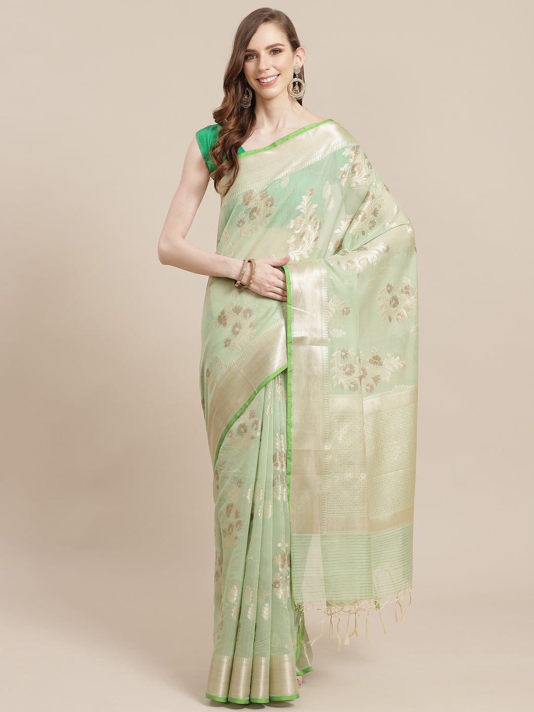 Faishana Presents Handwoven Pistachio Masrise Cotton Alfi Boota Zari Border With Pistachio Blouse Banarasi Saree