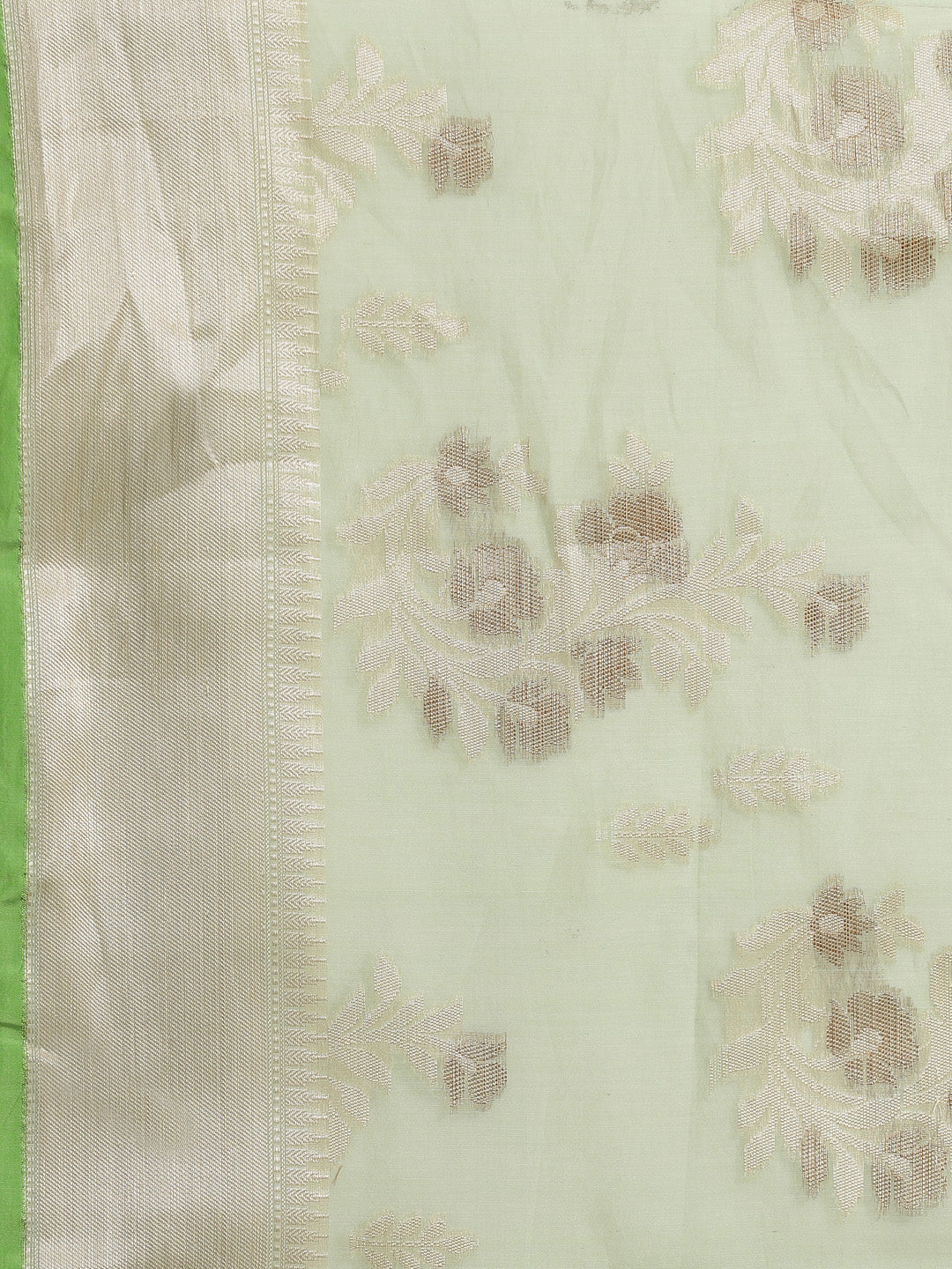 Faishana Presents Handwoven Pistachio Masrise Cotton Alfi Boota Zari Border With Pistachio Blouse Banarasi Saree